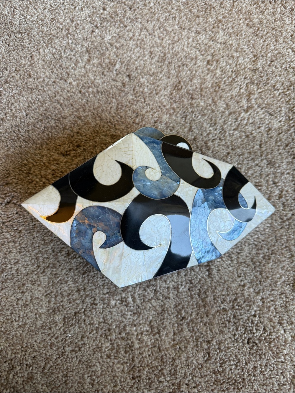 Geometric Wave Mosaic Decorative Box in Black, Ivory & Blue